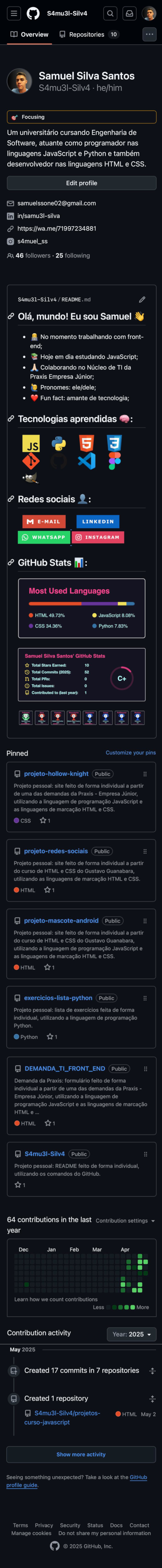 Tela do GitHub de Samuel Silva Santos