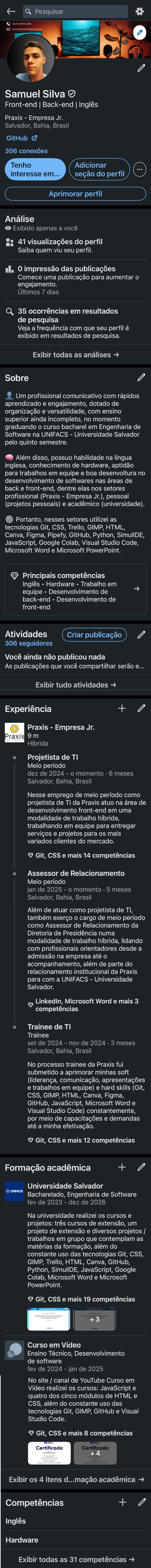 Tela do LinkedIn de Samuel Silva Santos